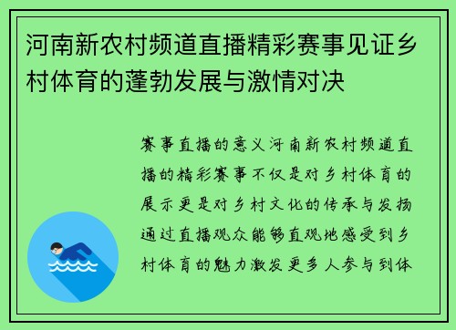 河南新农村频道直播精彩赛事见证乡村体育的蓬勃发展与激情对决